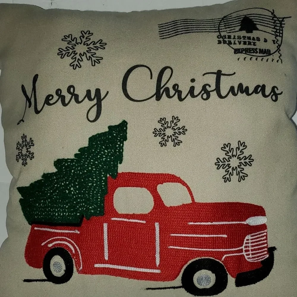 MERRY MOMENTS Pillow Merry Christmas Tree Old Red Truck Holiday Decor Decoration